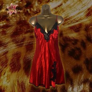 Frederick’s of Hollywood Red Satin Slip Dress with Lace Trim